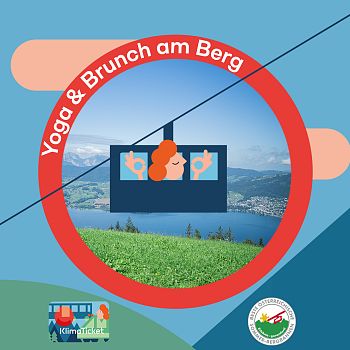 Klimaticket Community Event Yoga & Bruch am Grünberg mit einer Gondel und Yoga Illustration vor dem Grünberg-Ausblick