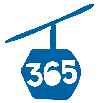 Stilisiertes blaues Seilbahn‑Logo mit einer Gondel, in der groß die Zahl „365“ steht.