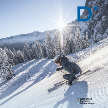 „Person fährt in dynamischer Kurve auf einer sonnigen Skipiste bergab. Rundherum schneebedeckte Tannen und ein verschneites Bergmassiv im Hintergrund. Die Sonne steht tief am Himmel und strahlt über den Bergen. Oben rechts ist ein blaues D-Logo, unten rechts der Schriftzug ‚Bergbahnen Dachstein Salzkammergut‘ mit farbigen Punkten davor.“