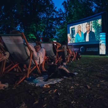Mehrere Personen sitzen abends in Liegestühlen auf einer Wiese bei einem Open-Air-Kino. Vor ihnen steht eine große, beleuchtete Leinwand zwischen Bäumen, auf der eine Filmszene mit zwei Personen zu sehen ist. Die Umgebung ist dunkel, nur der Bildschirm und einige Lichter im Park erhellen die Szene.